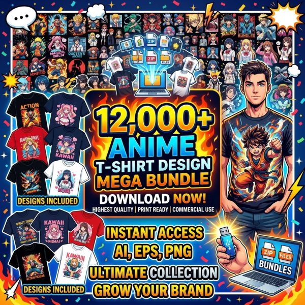 12,000+ Anime T-Shirt Design Mega Bundle (POD Ready)