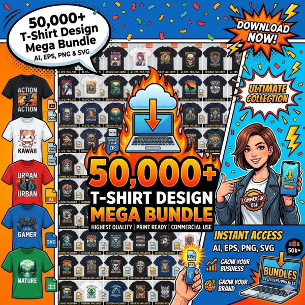 50,000+ T-Shirt Design Mega Bundle (AI, EPS, PNG & SVG)